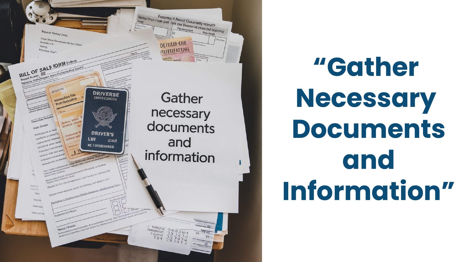 Gather Necessary Documents and Information-01 (1) A cluttered desk with various documents scattered around, including a driver's license and a bill of sale form. The text