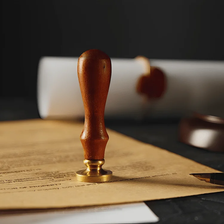 general notary work: Image shows a notary stamp placed vertically on a document resting on a table