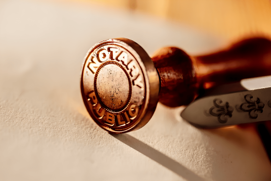 the notary folks provide general notary work services: Image shows a notary stamp on the table