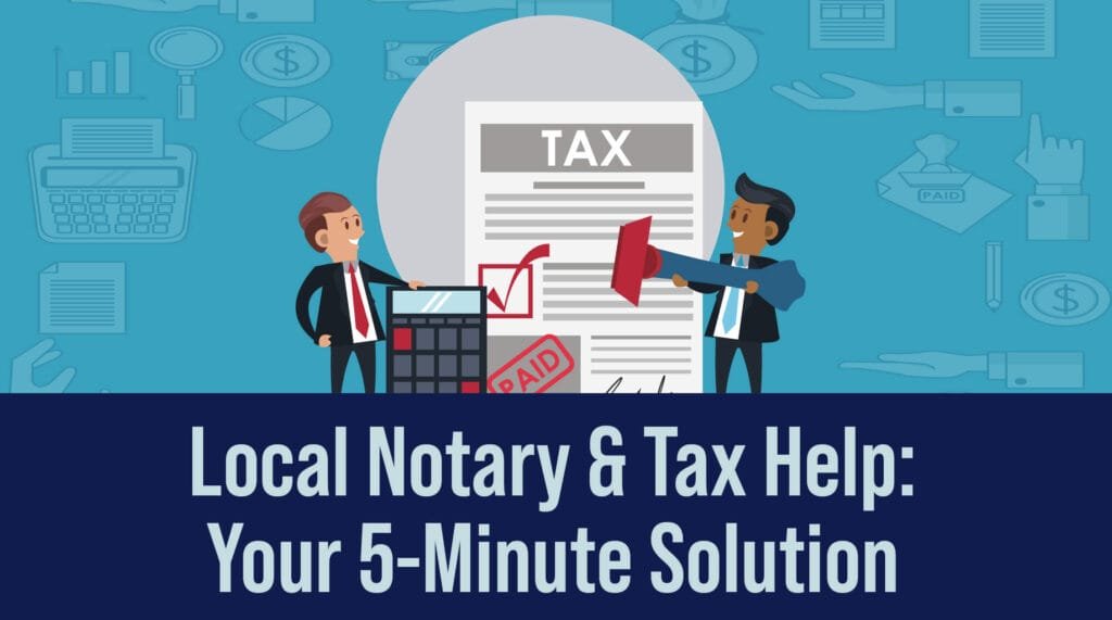 A black sign with the words "TAX PAID" in bold white letters, with dollar signs ($) interspersed around the text. The sign also includes the text "Local Notary and Tax Services: Your 5-Minute Solution" and another "PAID" stamp