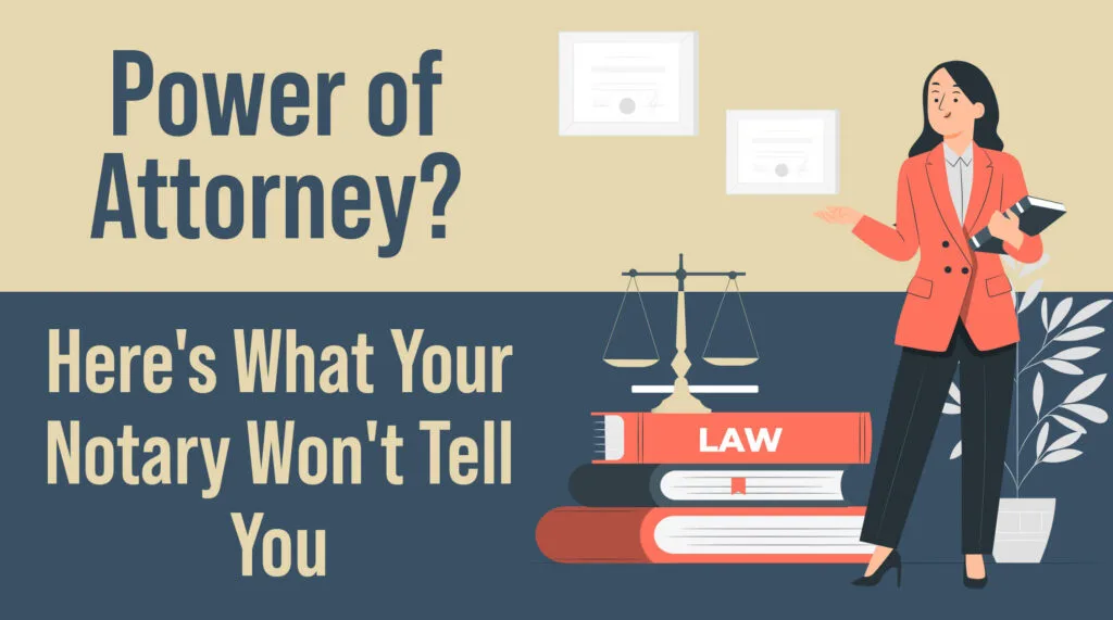 Professional woman standing beside law books and scales of justice, emphasizing the need to notarize power of attorney documents