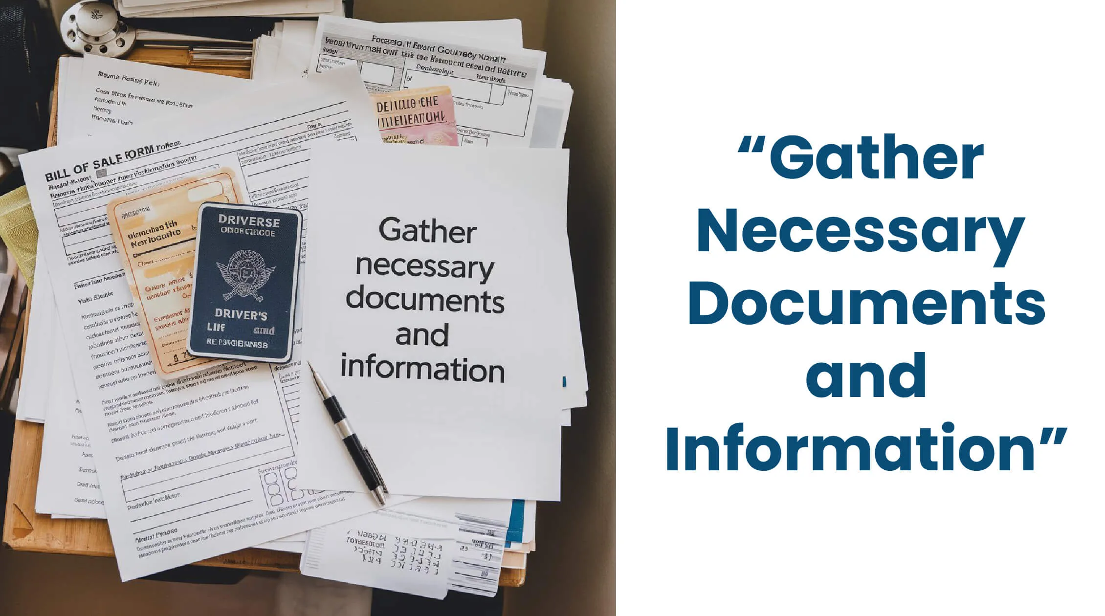 A cluttered desk with various documents scattered around, including a driver's license and a bill of sale form. The text