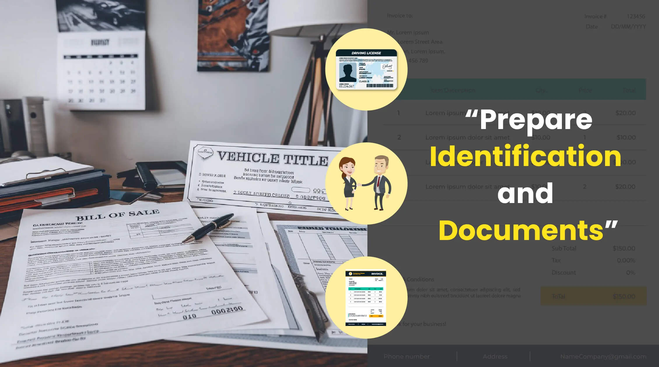 A desk with a vehicle title, bill of sale, and identification documents laid out, emphasizing the importance of preparation. The text "Prepare Identification and Documents" highlights this step.