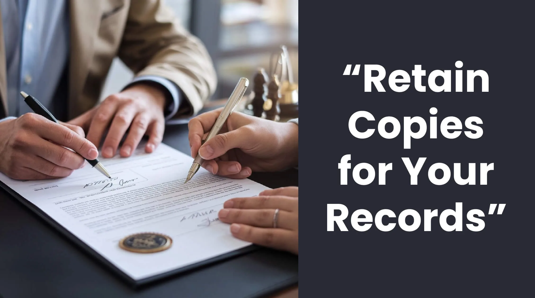 Two people signing a notarized bill of sale for a car, with the text "Retain Copies for Your Records" emphasizing the importance of keeping copies of the finalized document.