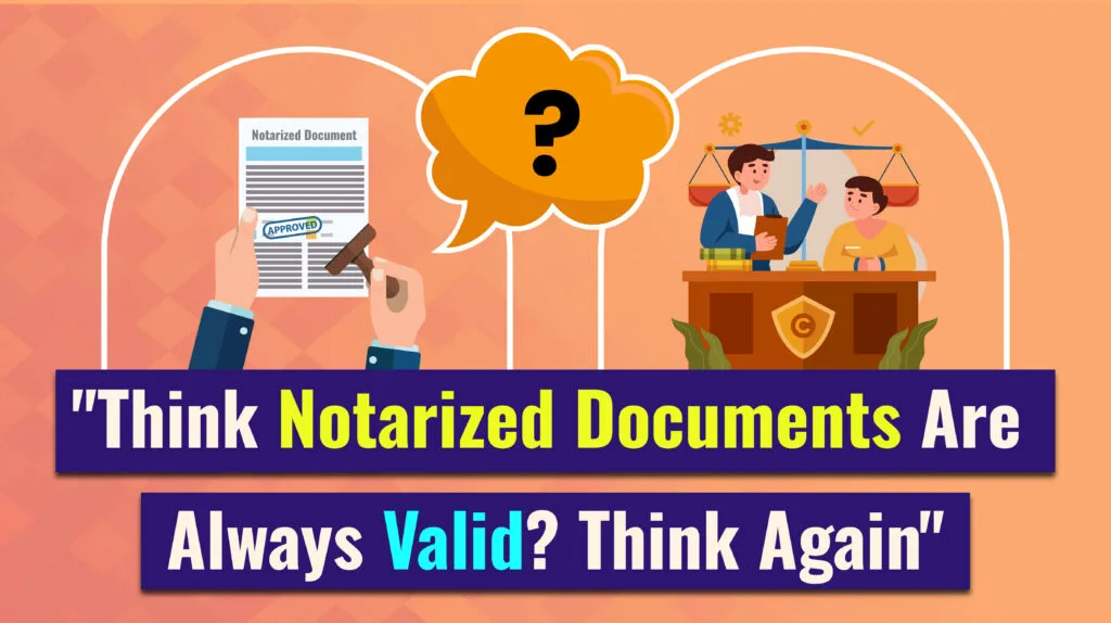 An image with three sections. The first shows a hand holding a document stamped "approved" and "notarized document." The second has a thought bubble with a question mark. The third shows a person at a desk with scales of justice, representing a court setting. The text asks, "Think Notarized Documents Are Always Valid? Think Again," prompting questions about the legal validity of notarization, such as "Does a Notarized Document Hold Up in Court?