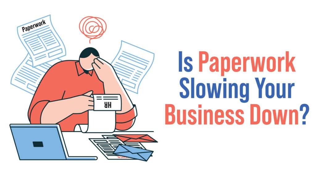 Overwhelmed businessman surrounded by paperwork, illustrating how mobile notary services for businesses can save time and increase efficiency