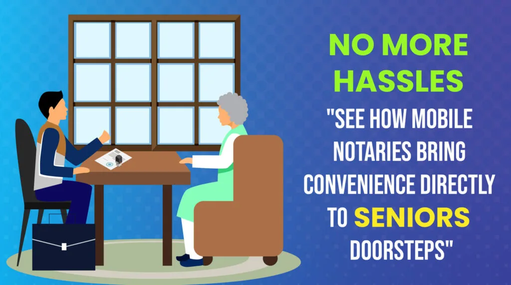A friendly notary public helps an elderly woman with paperwork in the comfort of her home, showcasing the convenience of mobile notary for seniors services.