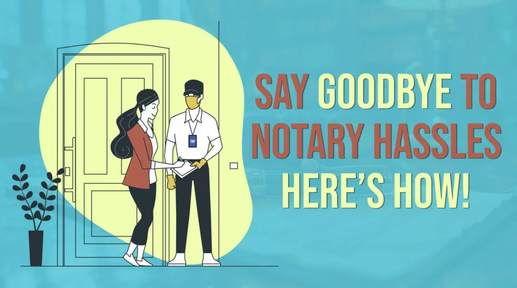 Woman signing a document with a mobile notary at her door. Skip the trip and the wait! Discover the benefits of using a mobile notary service.
