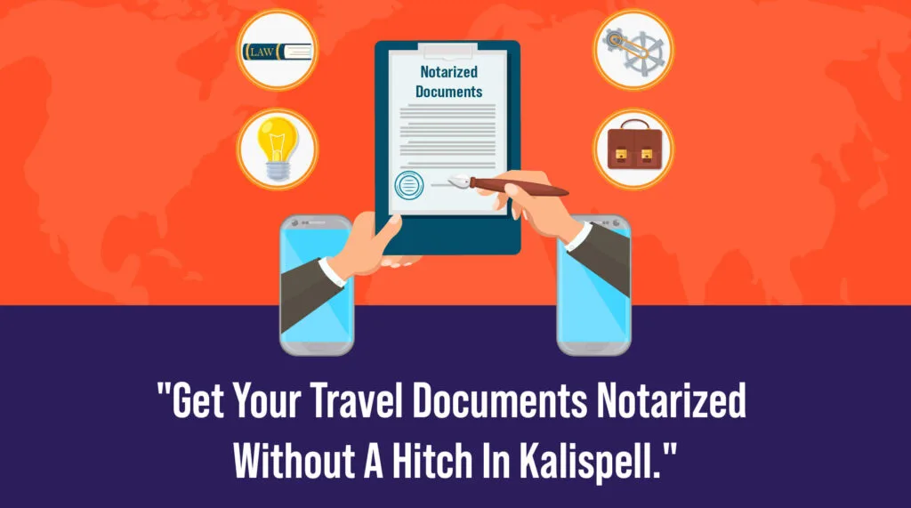 An illustration with a vibrant orange background depicts two hands holding mobile phones showcasing a travel document being notarized. Surrounding icons symbolize law, knowledge, and travel, highlighting the convenience of Mobile Notary Services for Travel Documents